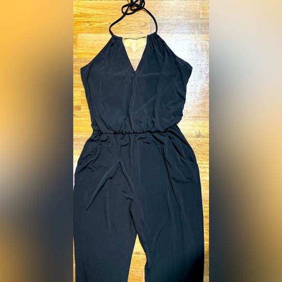 Bebe Black halter tie back pant Jumpsuit elastic waist pockets gold neckline med - Picture 1 of 10